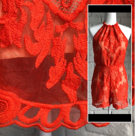 Aqua Floral Lace Coral Orange Halter Shorts Romper - Picture 5 of 8